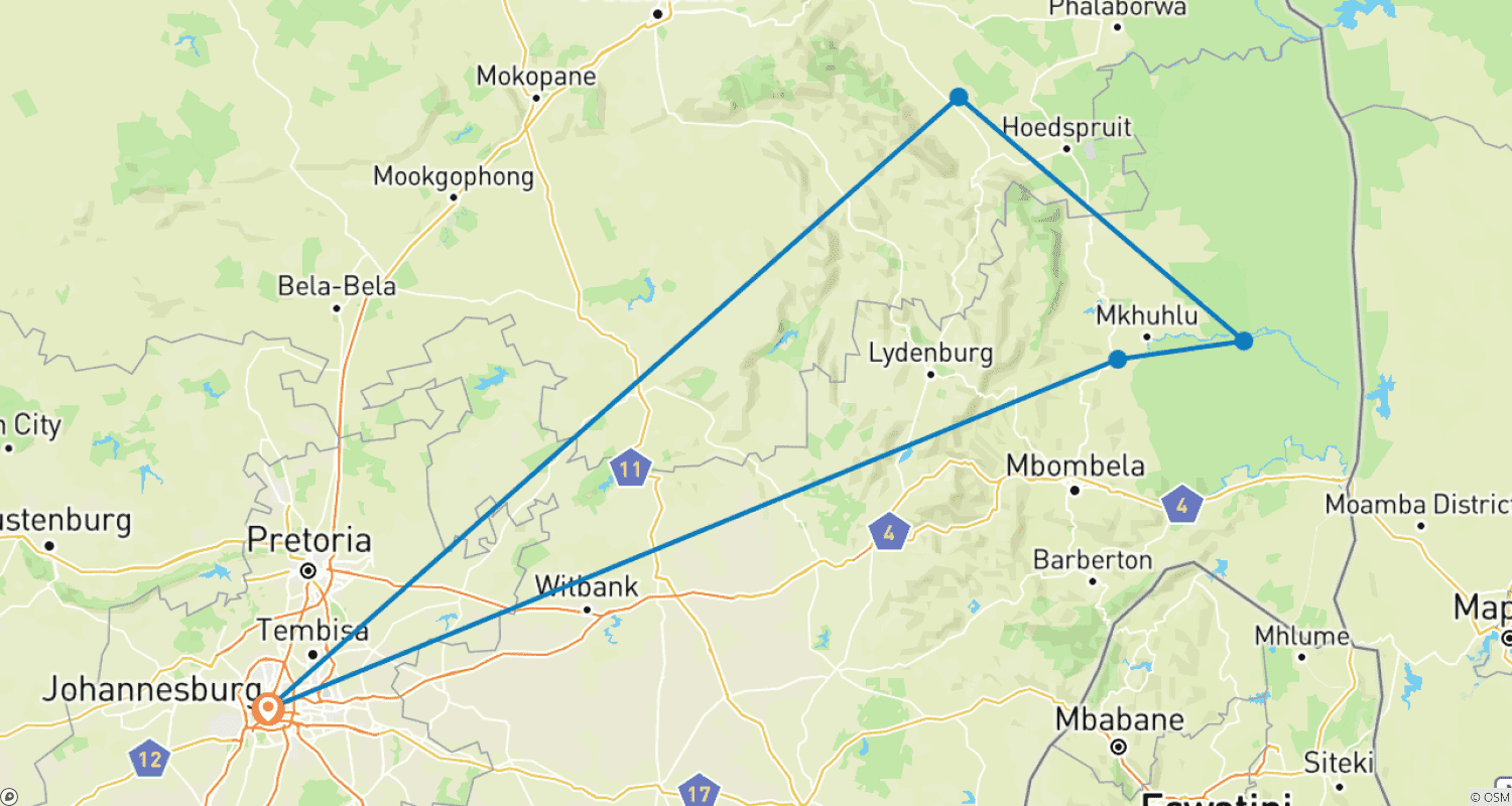 Mapa trasy: Mpumalanga - W królestwie dzikich zwierząt