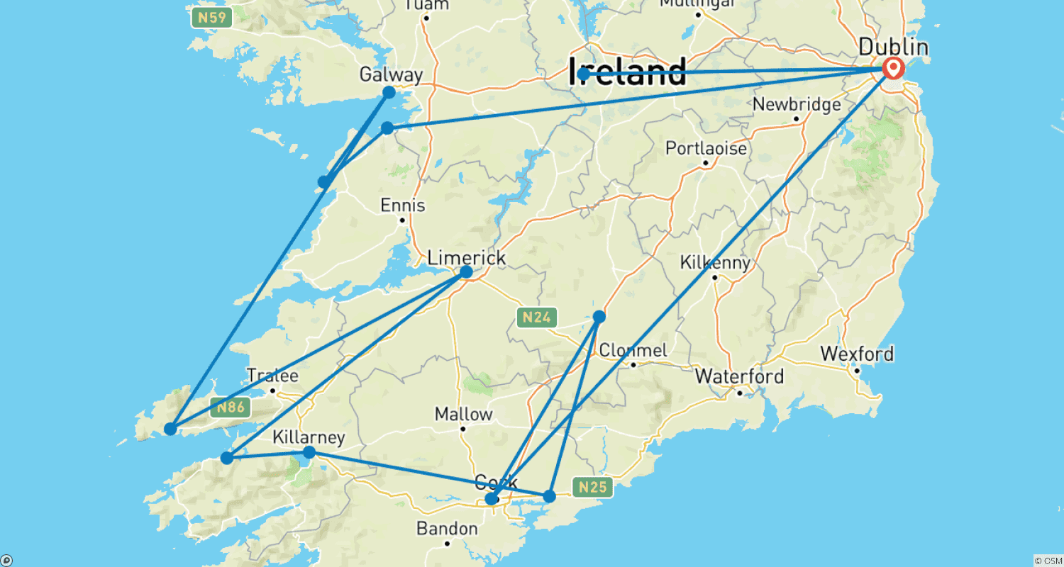アイルランドの高台を巡るのルートマップ