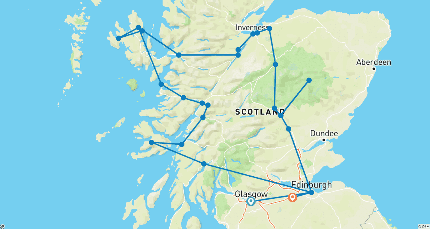 خريطة مسار Highlands & Islands (from Glasgow to Livingston)