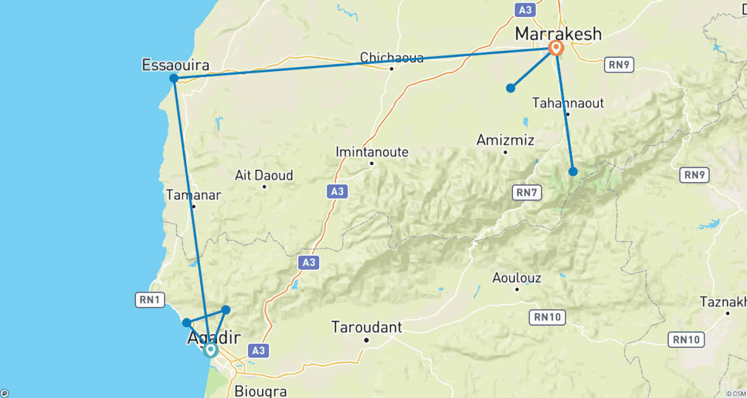 モロッコの宝物 - 海岸文化、Marrakech、そして果てしなく広がる砂漠のルートマップ