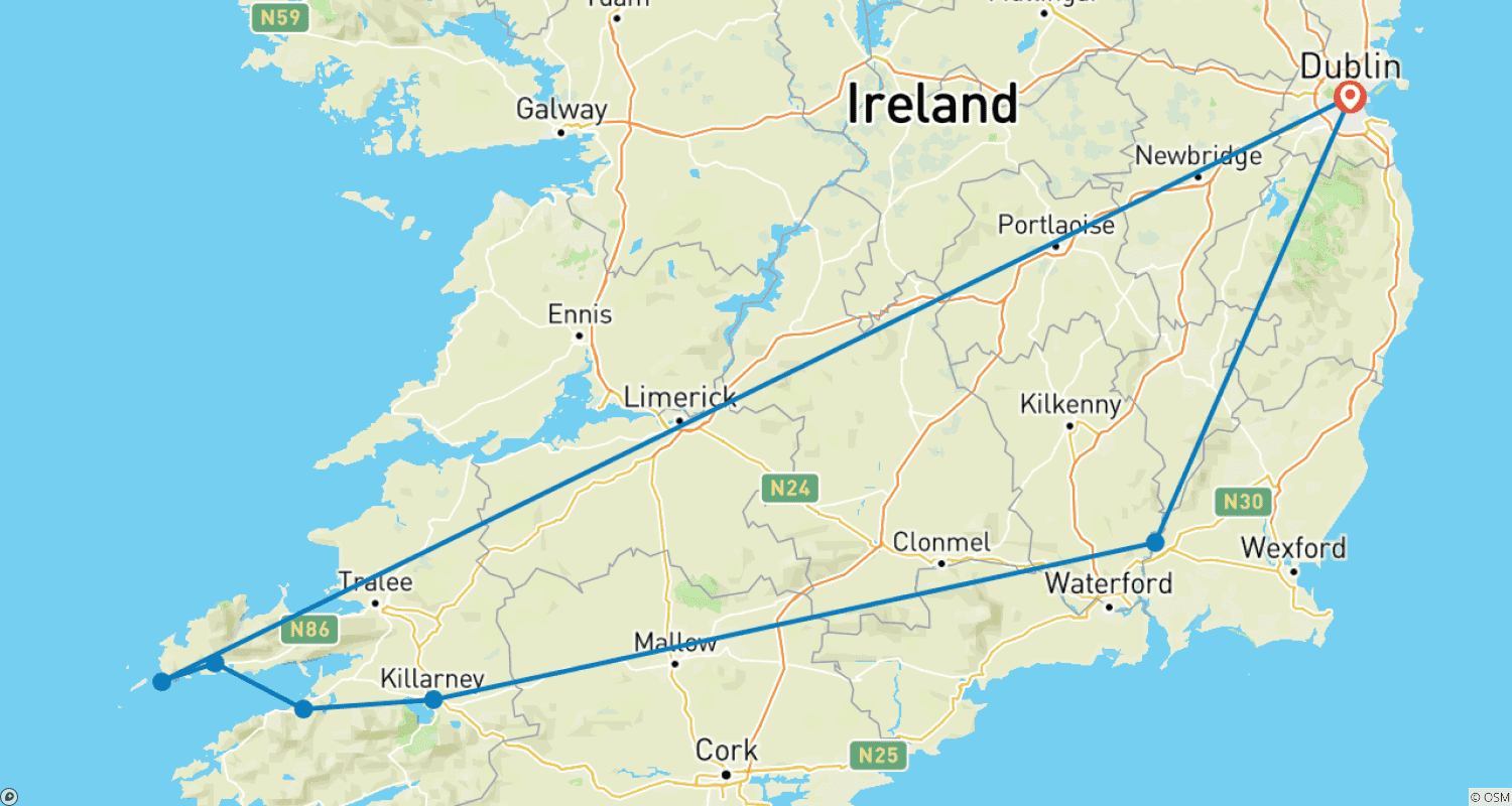 Mapa trasy: Najważniejsze atrakcje wokół Killarney