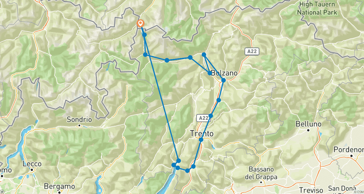 Mapa do percurso de Ciclovia do Adige Nauders - Lago de Garda