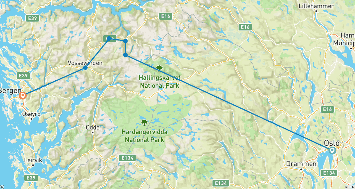 Mapa do percurso de By boat and train from Oslo to Bergen