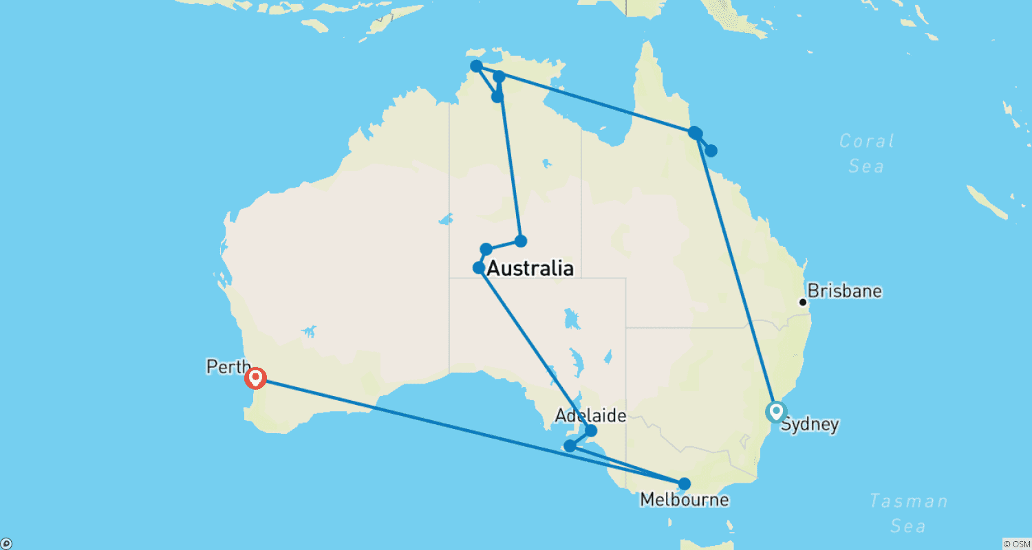 خريطة مسار Highlights of Australia (from Sydney/to Perth)