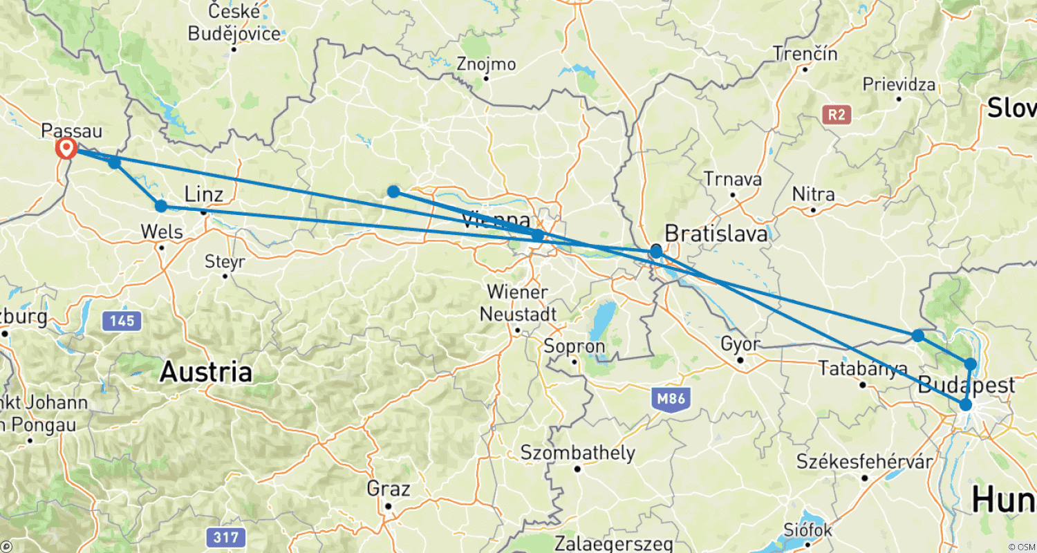 Mapa trasy: MS SE-Manon - Wzdłuż Dunaju do Budapesztu