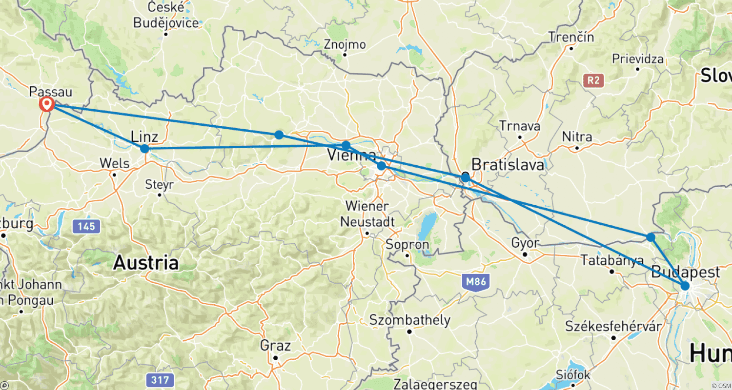Mapa trasy: MS Primadonna - Passau-Budapest-Passau
