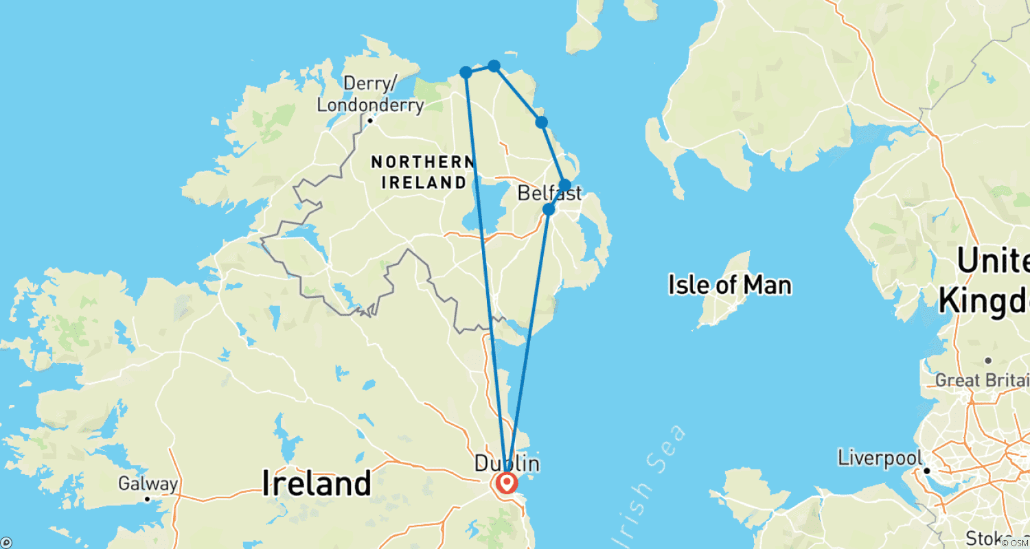 Mapa do percurso de Destaques em Belfast e Arredores (De/Para Dublin)