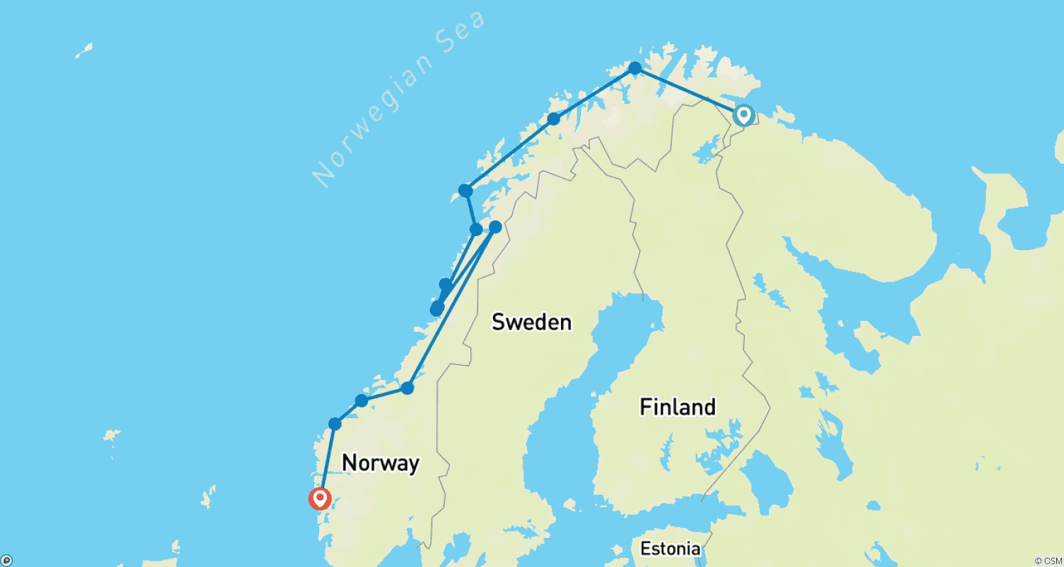 Mapa do percurso de Havila Voyages Kirkenes-Bergen (14 destinations)
