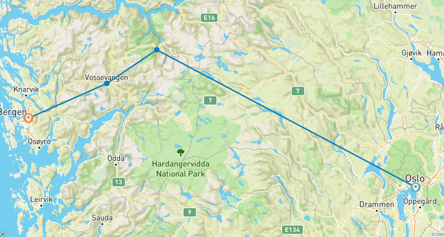 خريطة مسار Winter fjords and the Bergen Railway