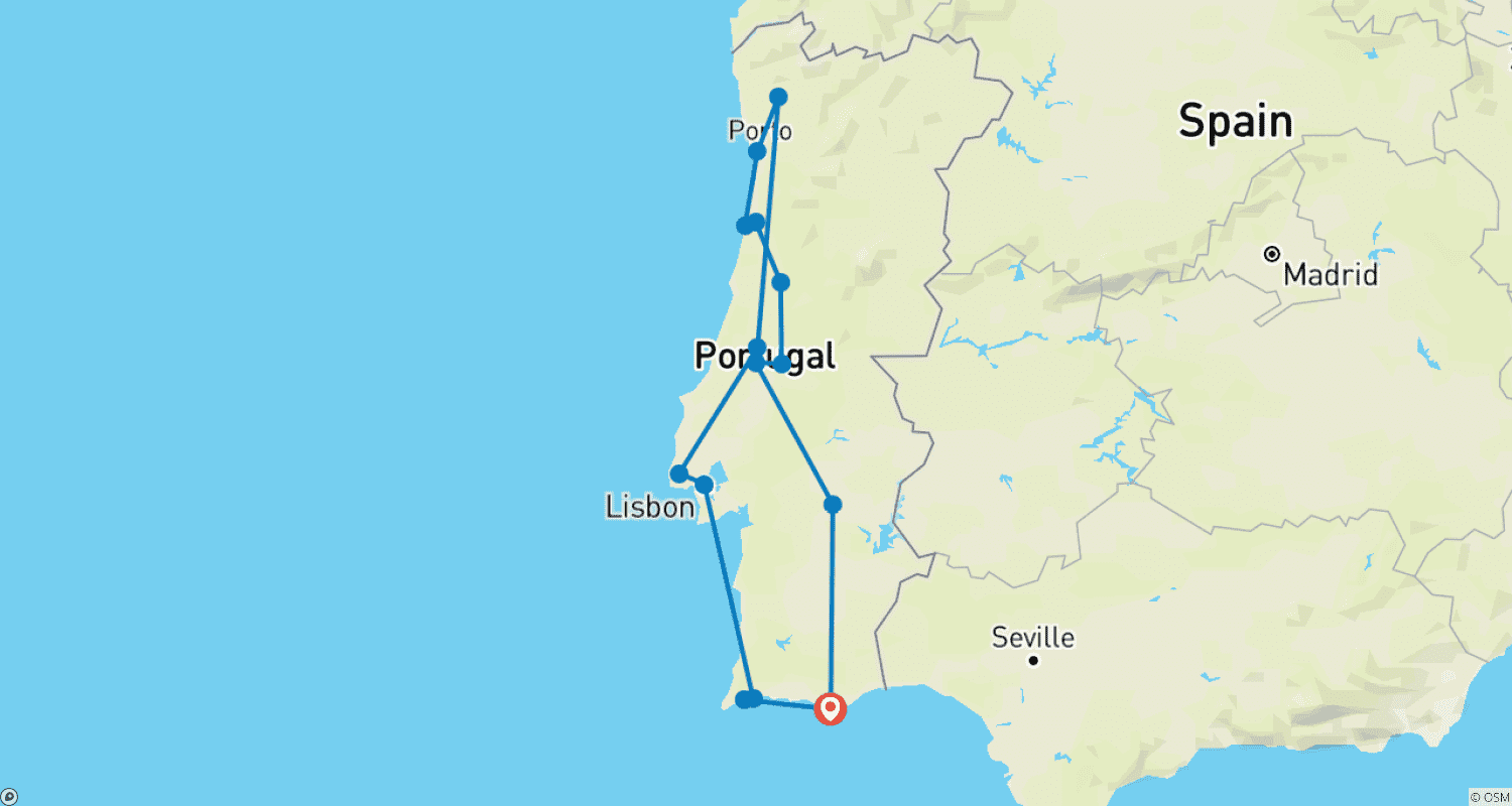 Mapa do percurso de Portugal - land of charming contrasts (14 nights, incl. rental car, from Faro)