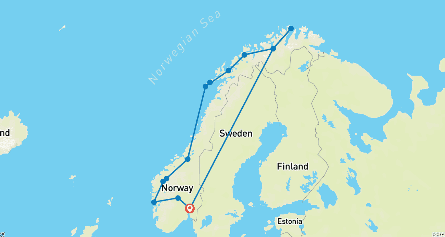 North Cape, Lofoten and Fjordsのルートマップ