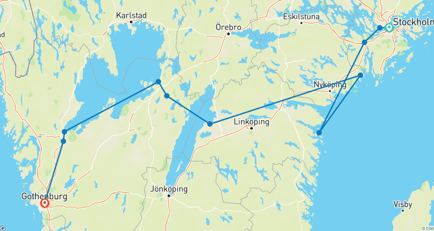 Mapa do percurso de Grande Tour da Suécia entre Estocolmo e Gotemburgo