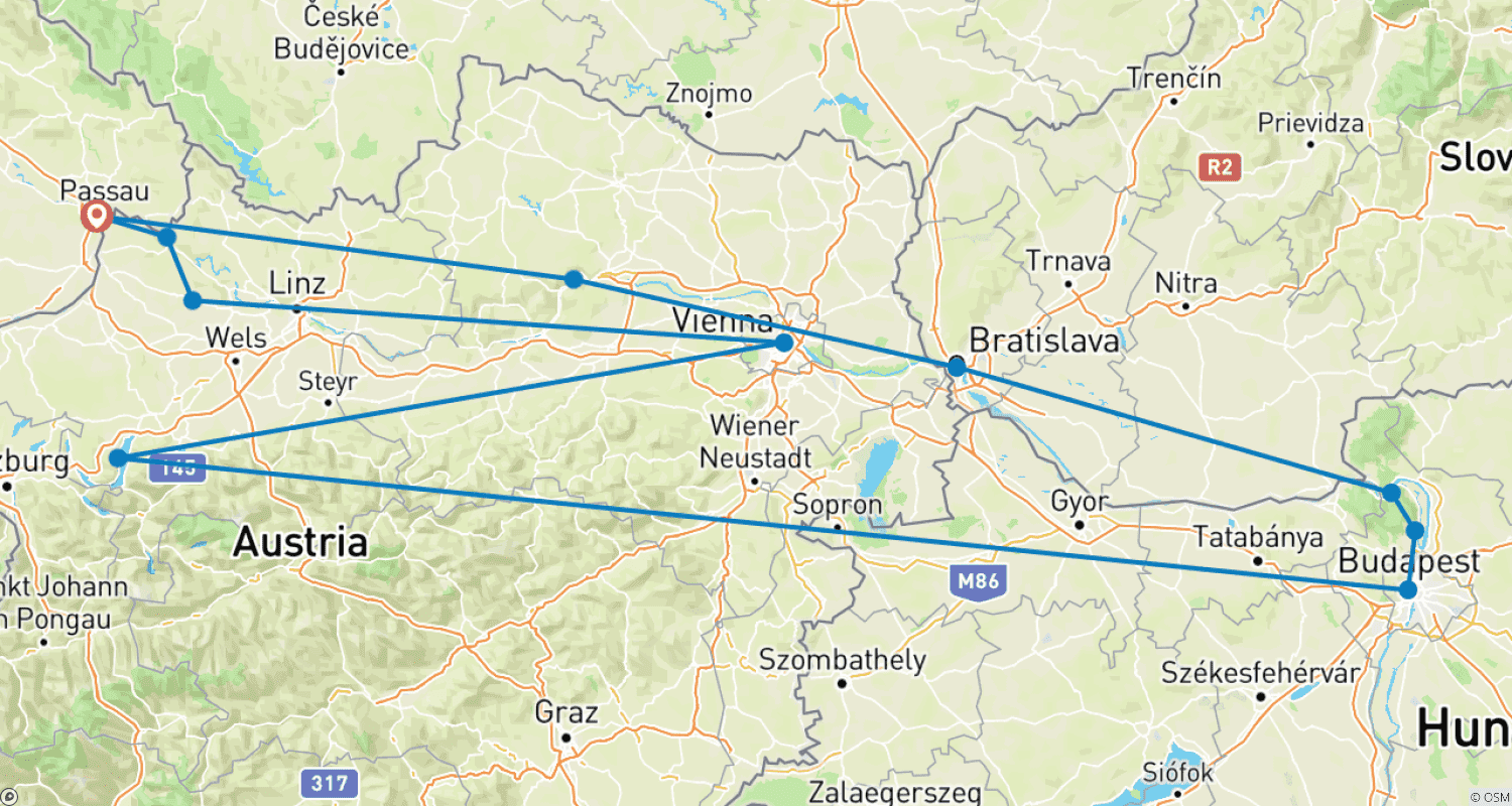 Mapa do percurso de MS Princess Katharina - along the Danube to Budapest