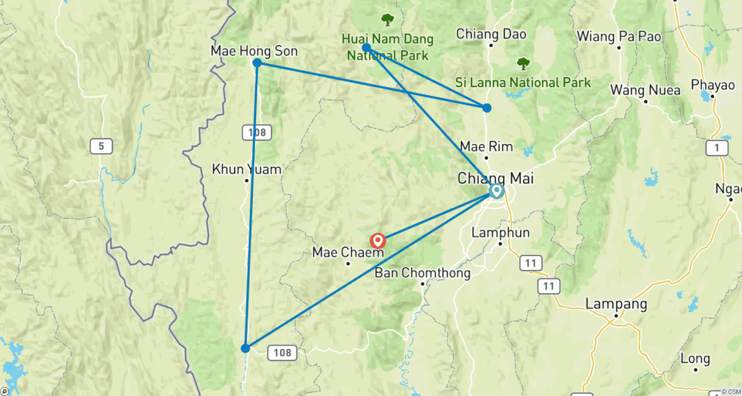 Mapa do percurso de Norte da Tailândia sobre 4 rodas