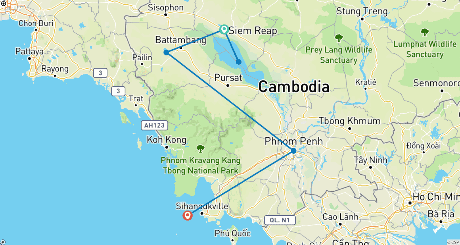 Cambodia's temples and Dream beaches (group tour)のルートマップ