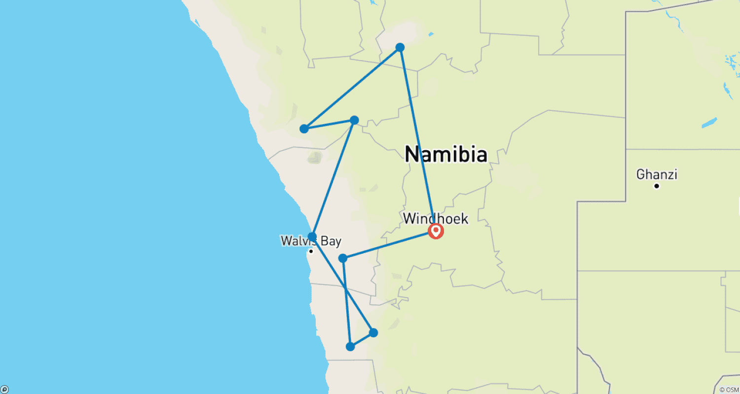 Mapa trasy: Namibia pełna kontrastów
