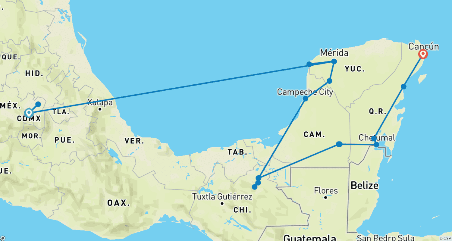 Mapa do percurso de Colagem da Cidade do México e da Terra dos Maias