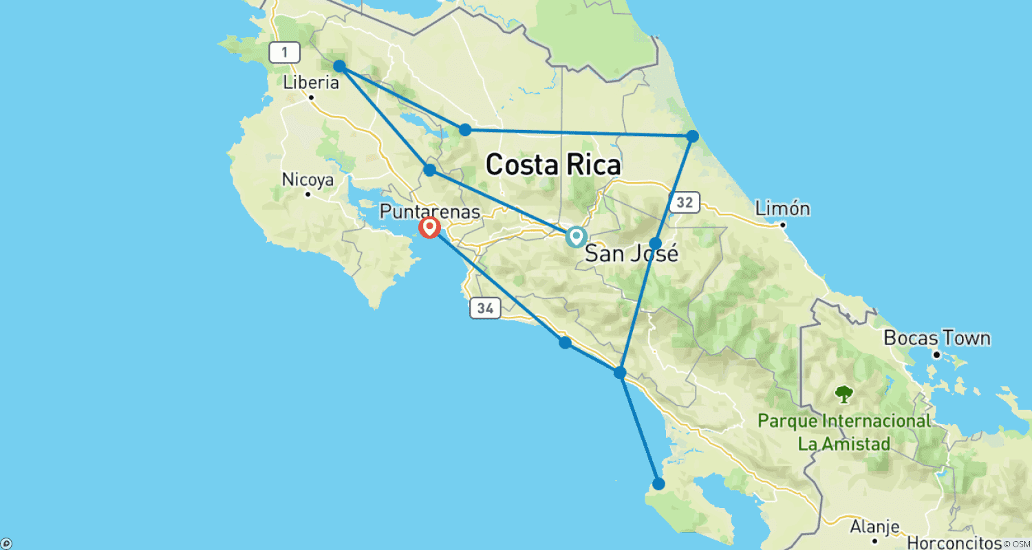 Mapa do percurso de Destaques da Costa Rica (13 noites)