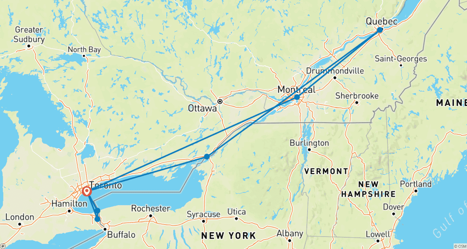 Mapa trasy: Ontario i Quebec