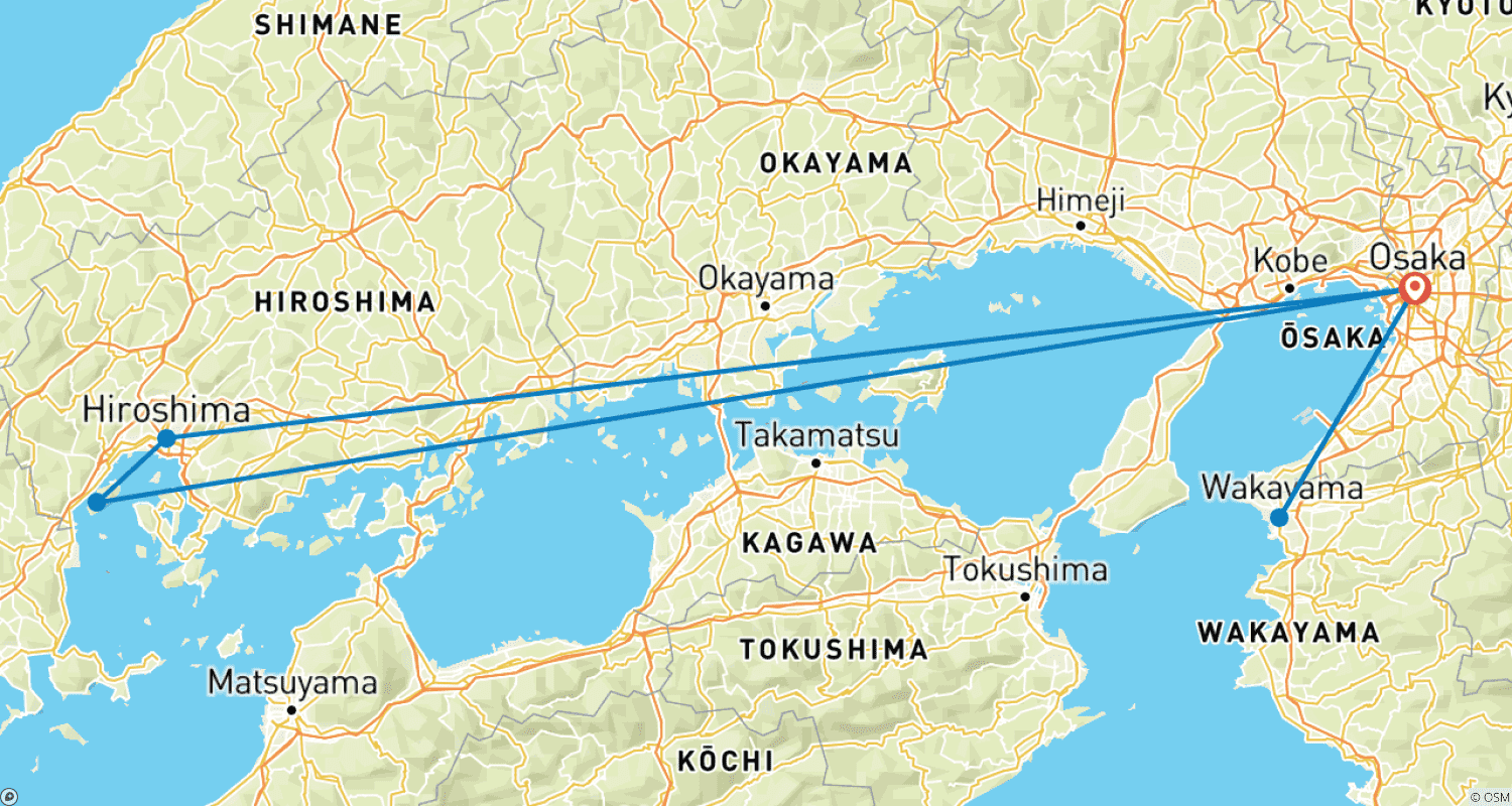 Mapa do percurso de Osaka Hiroshima em 6 Dias - One Life Adventures