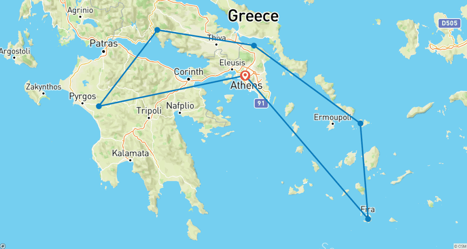 Mapa do percurso de ATLAS | Atenas, Olímpia, Delfos, Meteora, Mykonos e Santorini.