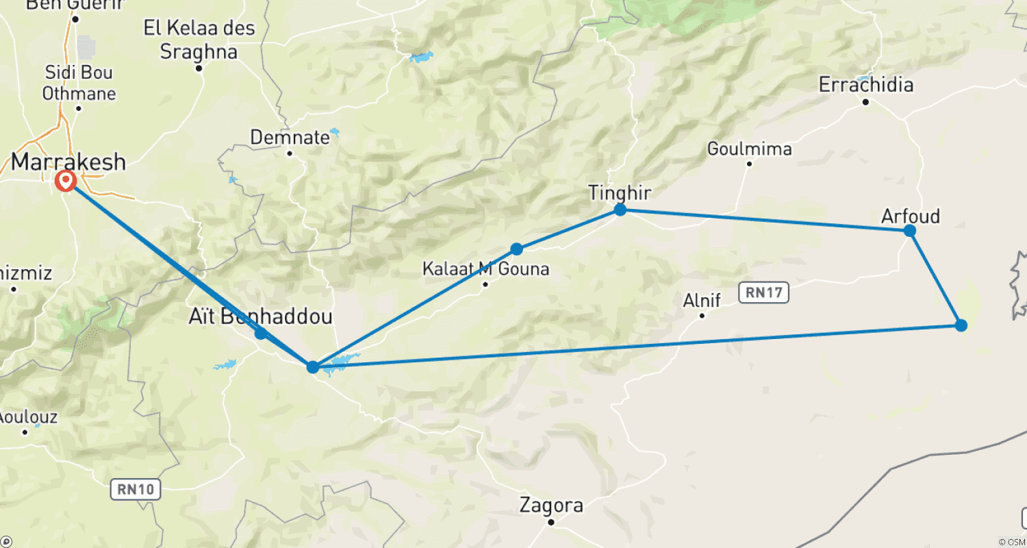 Mapa trasy: 3-dniowa prywatna wycieczka po pustyni z Marrakeszu do Erg Erg Chebbi, luksusowy obóz na pustyni, przez Góry Atlas i Kasbah Ait Benhadda, Ouarzazate