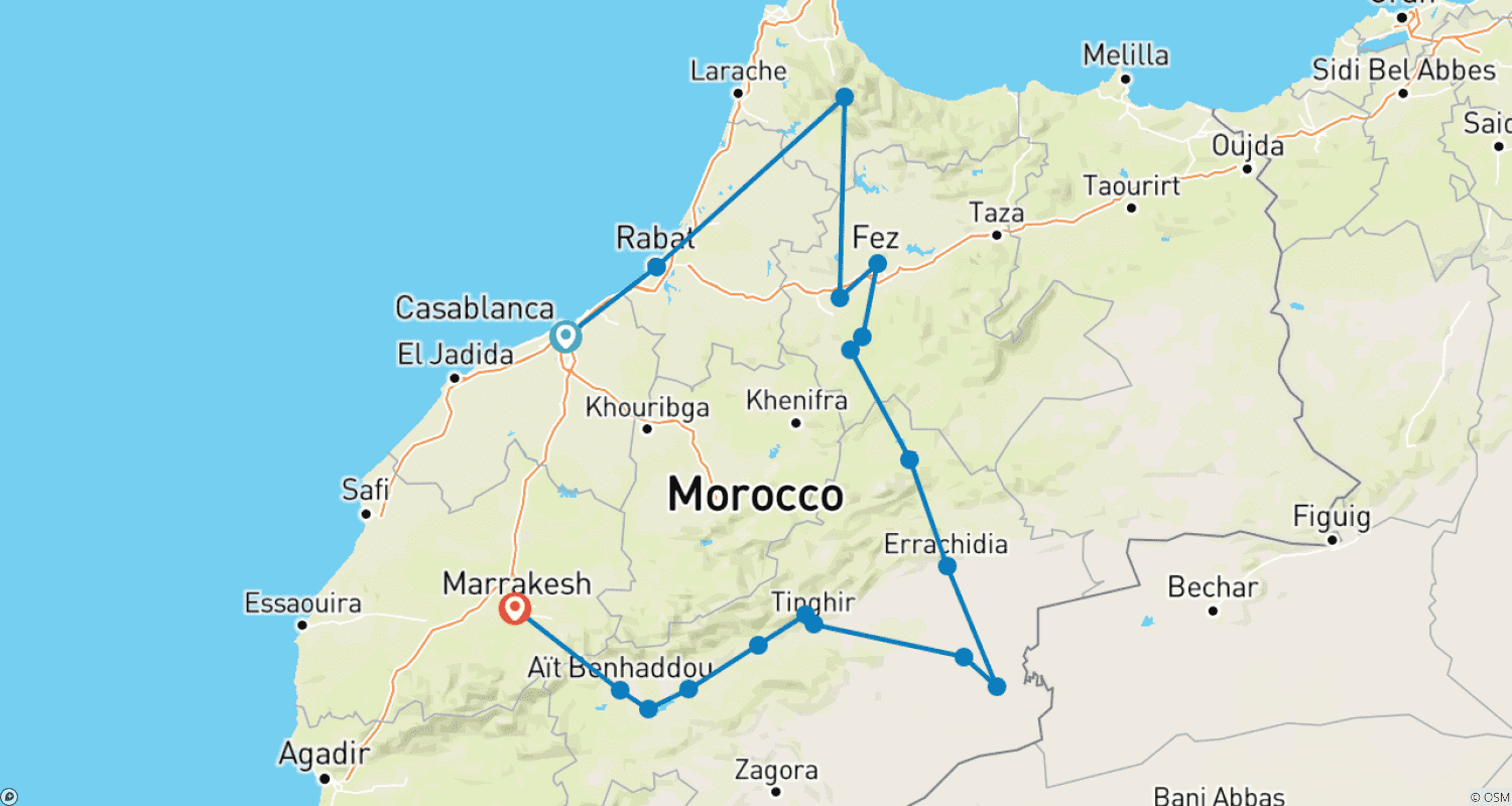 Mapa trasy: Prywatna 8-dniowa wycieczka po pustyni Maroka: Casablanca do Marrakeszu