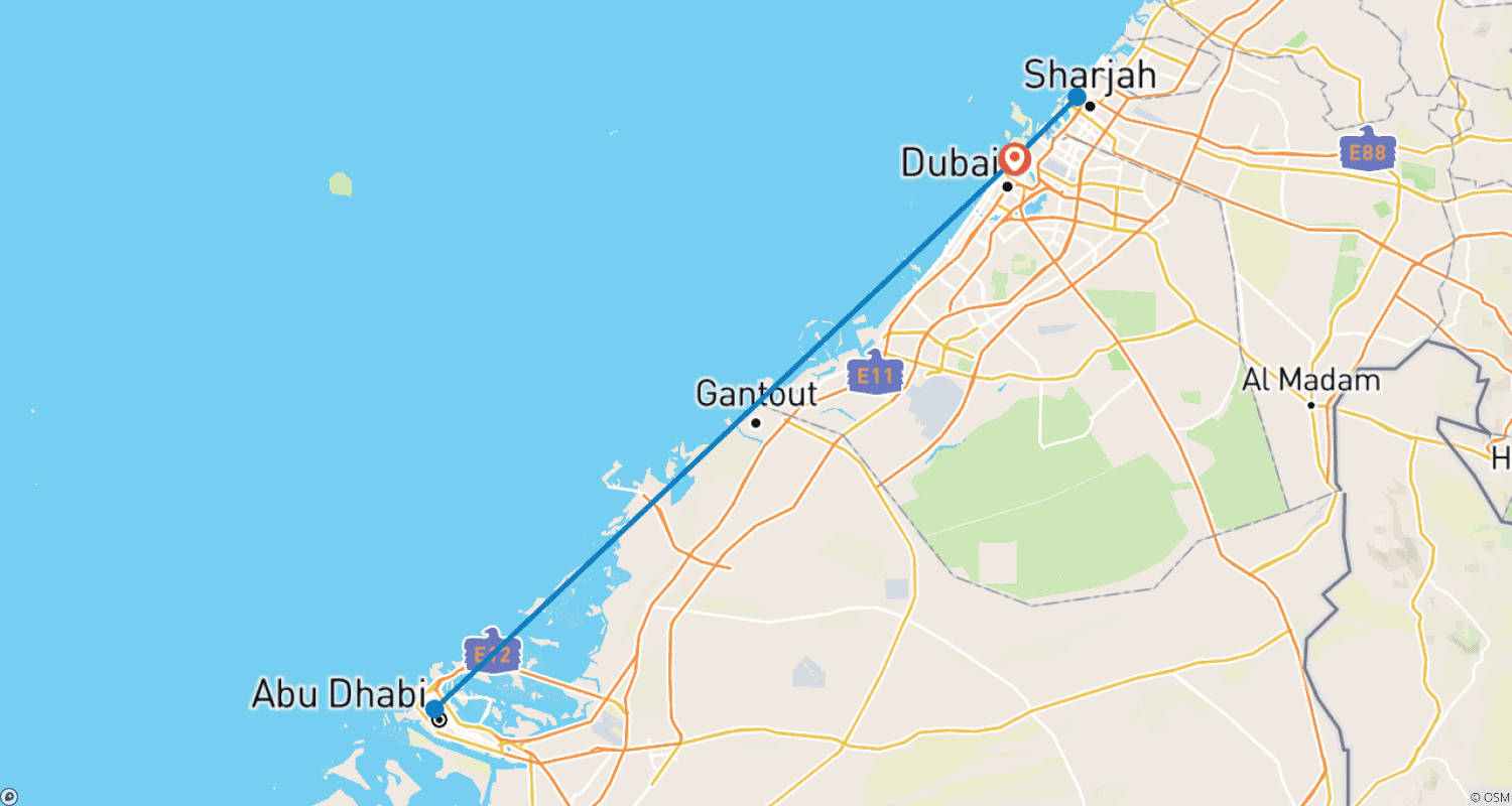 Mapa do percurso de EAU – PACOTE DE VALOR: Dubai 7 Noites