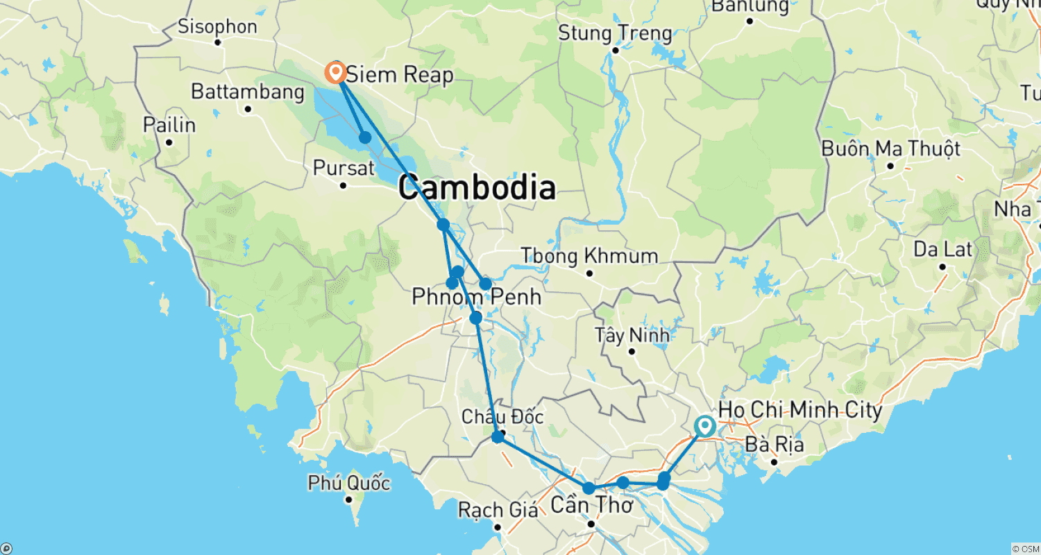 Mapa trasy: Mekong w inny sposób – Między przygodą a miejscami, które trzeba zobaczyć (rejs z portu do portu) (17 destynacji)