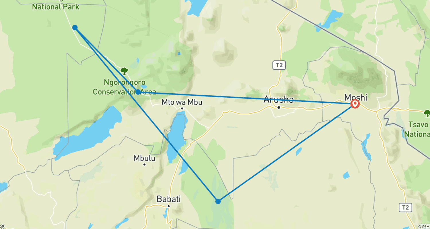 Mapa do percurso de Maravilhosos 5 dias: Parque Nacional do Serengeti à Cratera de Ngorongoro