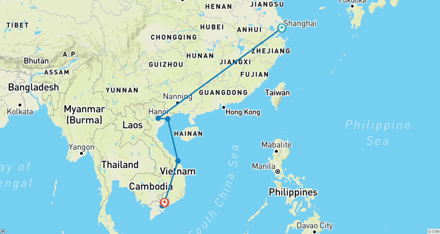 Mapa trasy: Legacies of Shanghai and Vietnam 13 Days