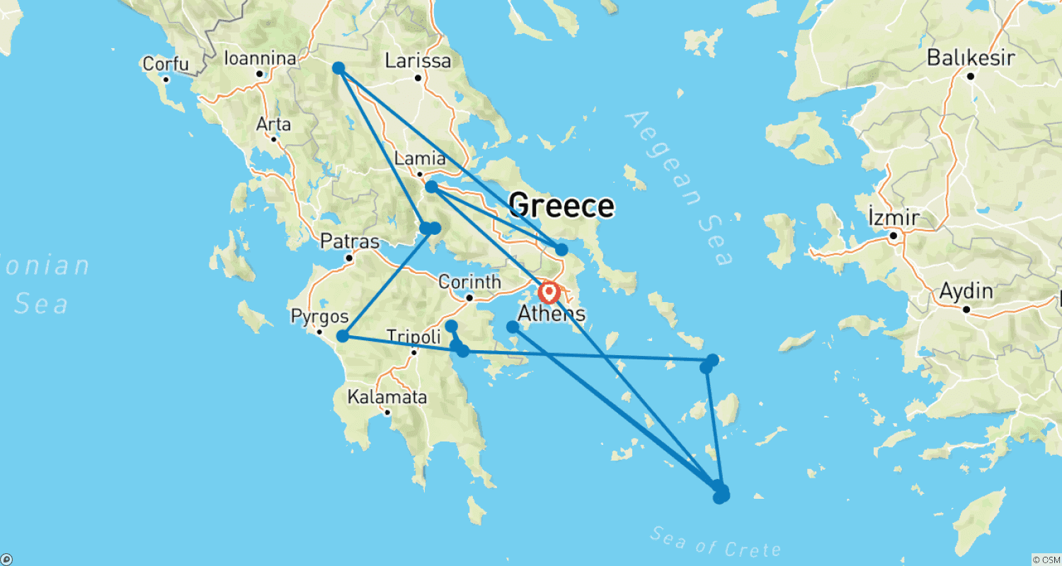Mapa do percurso de Explorando a Grécia e Suas Ilhas, Apresentando a Grécia Clássica, Mykonos e Santorini (2025)
