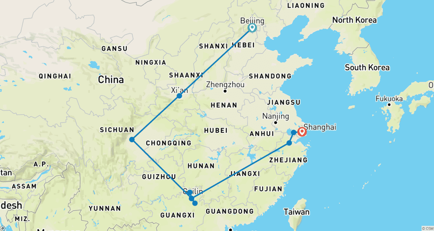 Mapa do percurso de Beleza Infinita da China em 16 Dias - Tour Privado