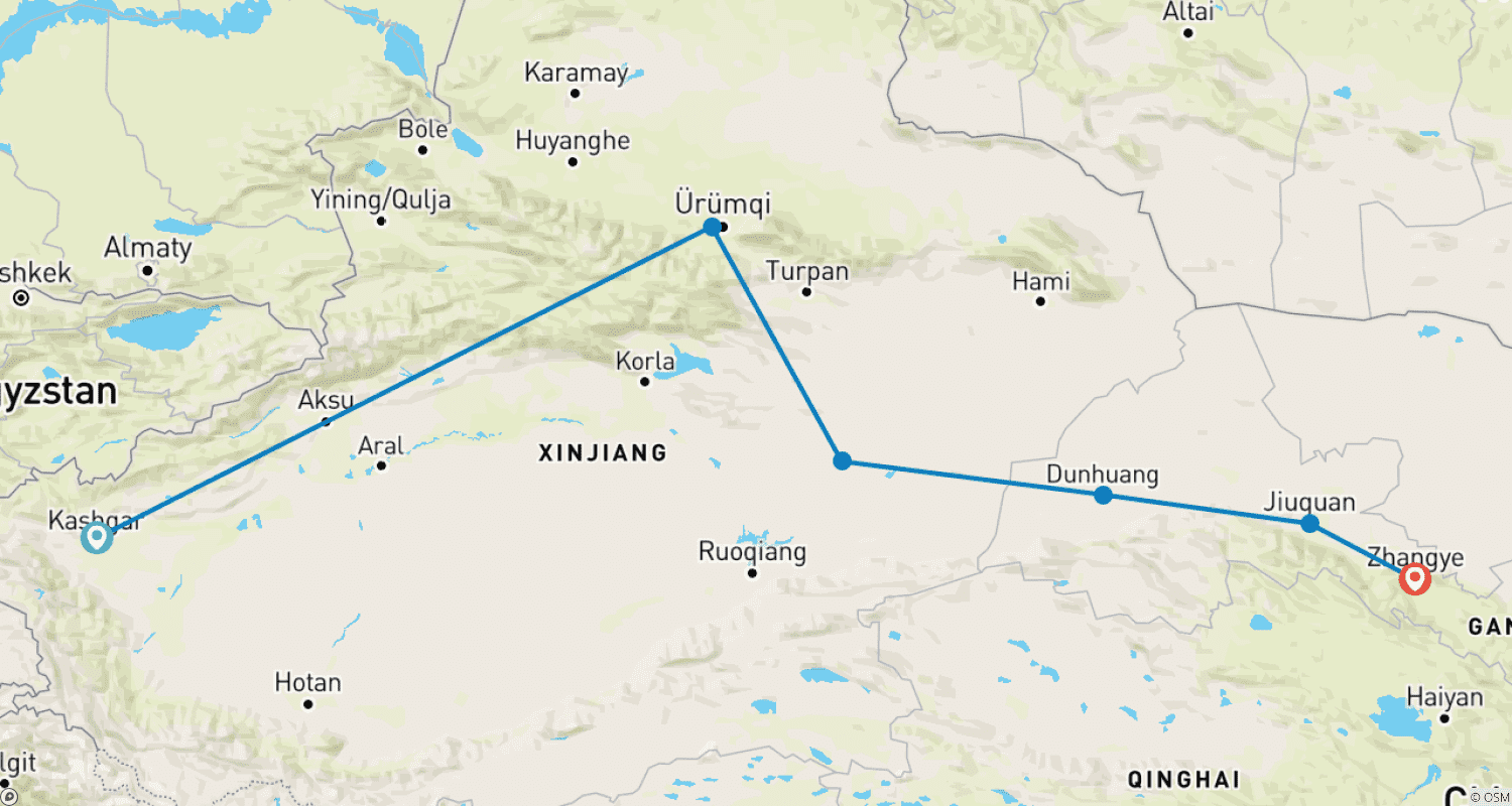 Mapa do percurso de Silk Road 8D from Kashgar to Zhangye