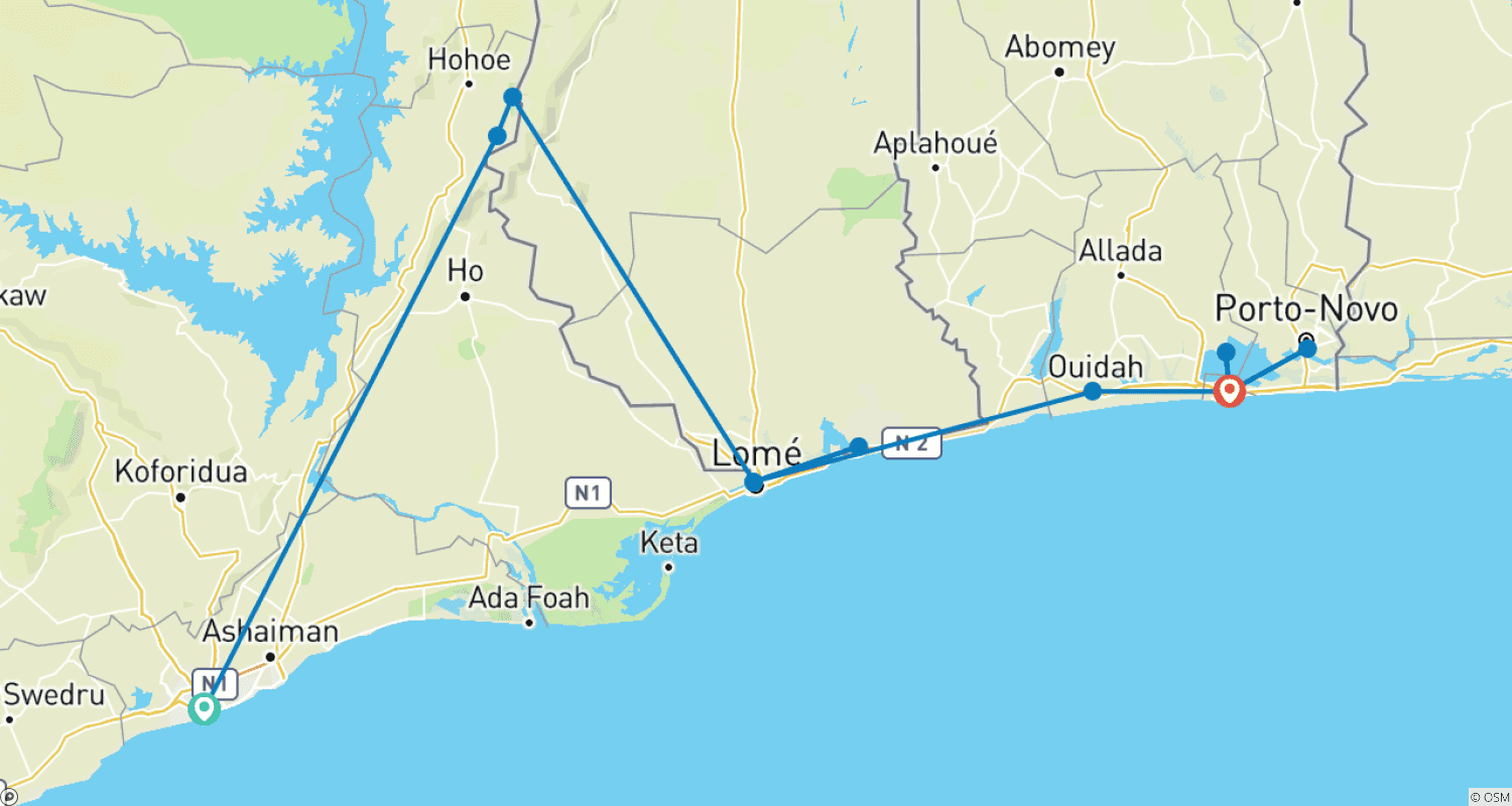 Mapa do percurso de The West African Trio Adventure Experience