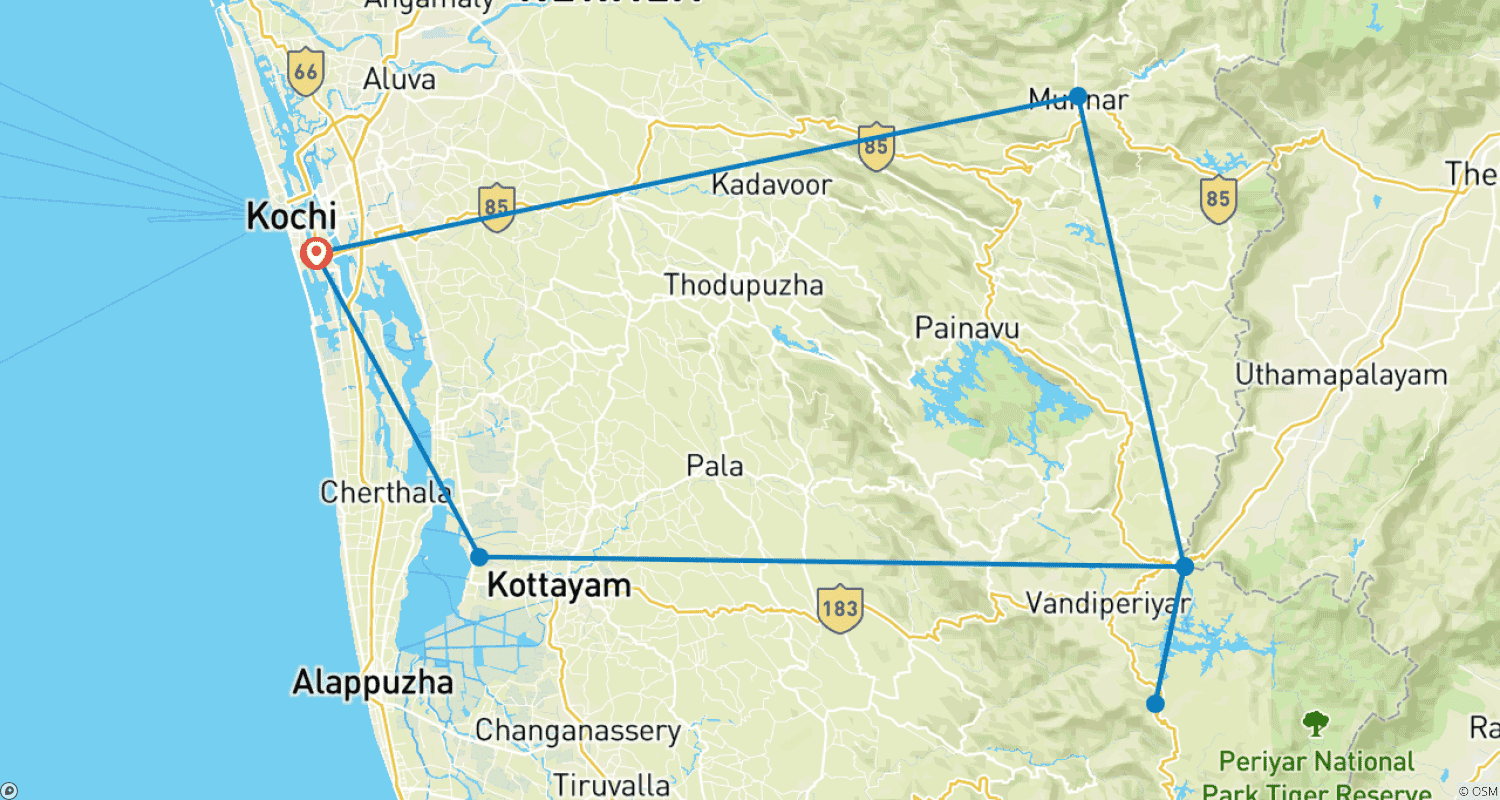 Mapa trasy: Monsunowa Magia Kerali z hotelami 4-gwiazdkowymi