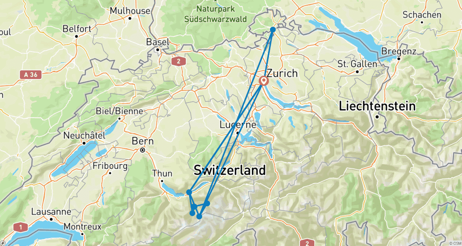 خريطة مسار Switzerland in 5 days (Stay in Zurich and Interlaken)