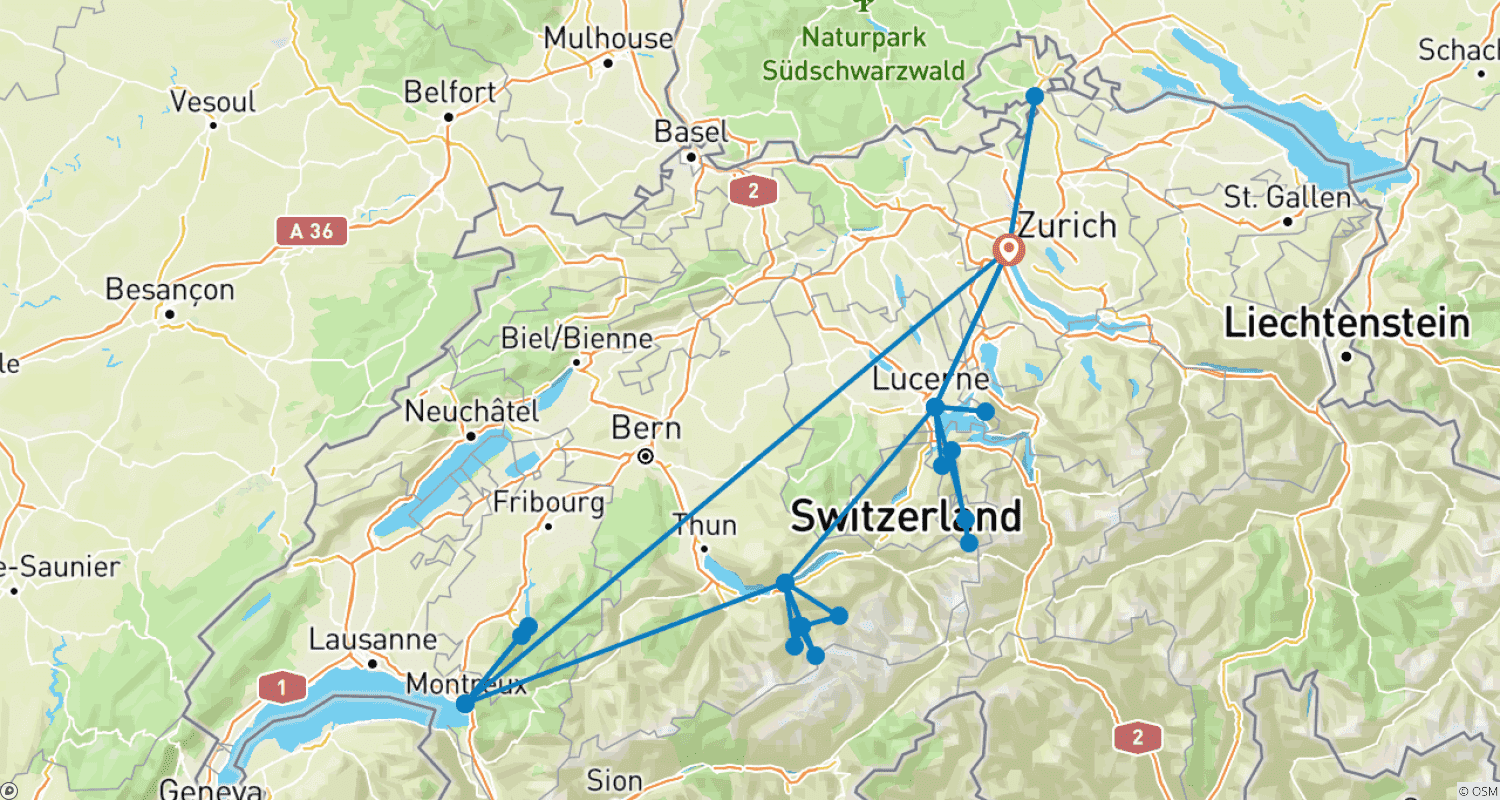 Mapa trasy: Szwajcaria w 9 dni (obejmująca Zurych, Montreux, Interlaken i Lucernę)
