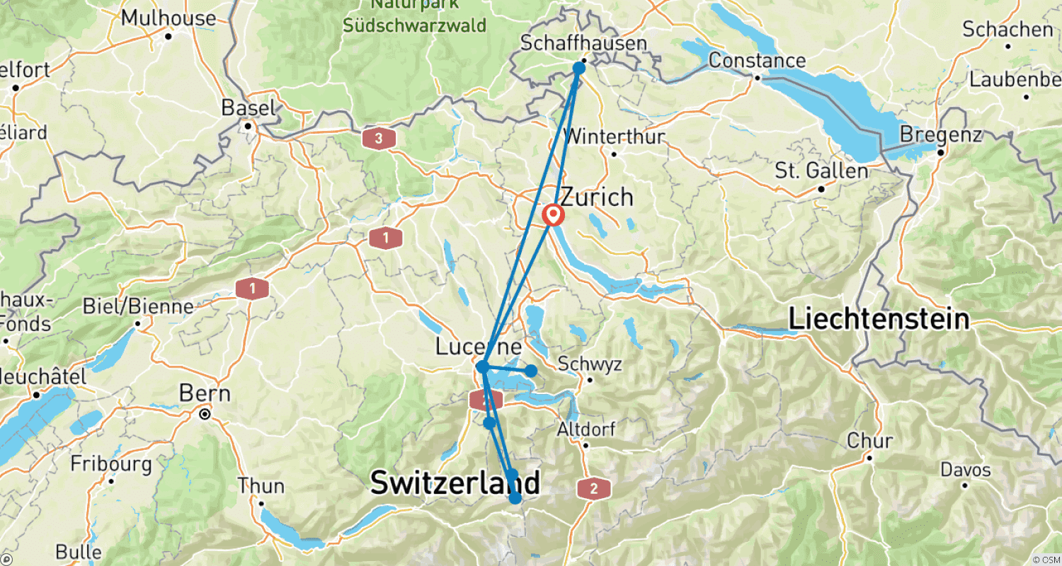 Mapa do percurso de Viagem de 6 Dias à Suíça (Estadia em Zurique e Lucerna)