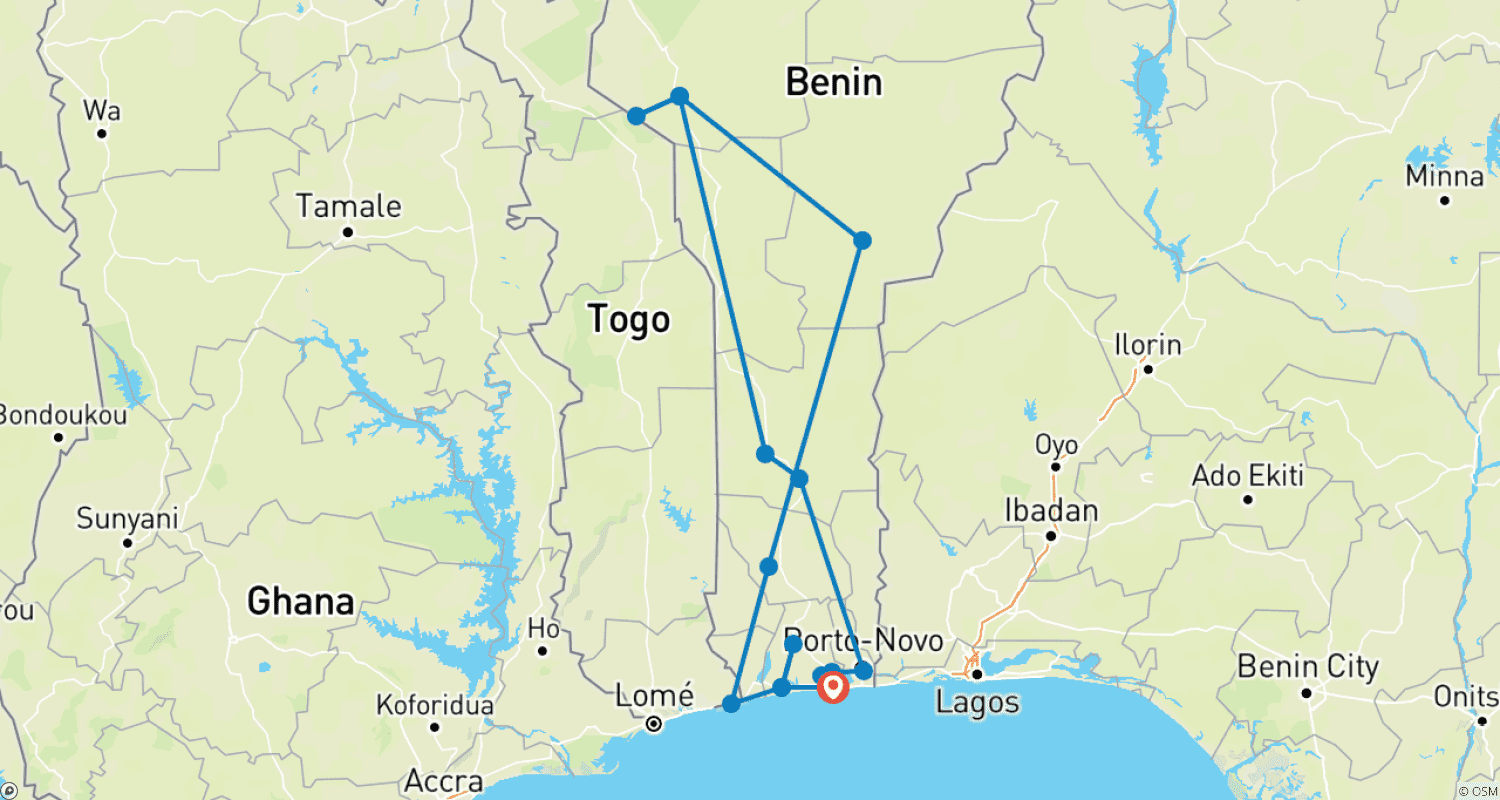 Mapa do percurso de Cultural Tour in Benin 16 Days/15 Nights (Comfort)