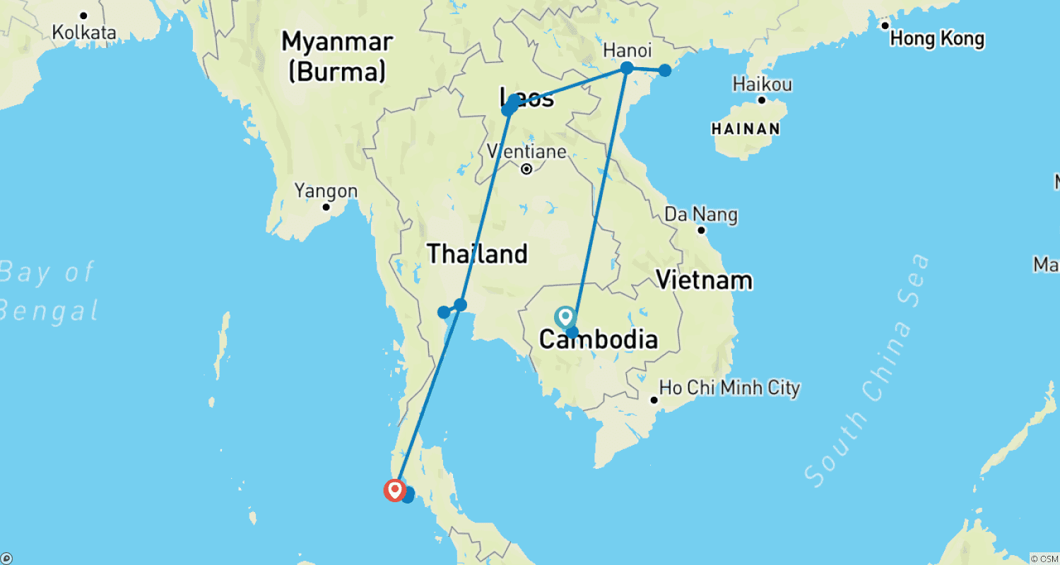 Mapa do percurso de Maravilhas da Indochina em 14 Dias: Camboja, Vietnã, Laos e Tailândia
