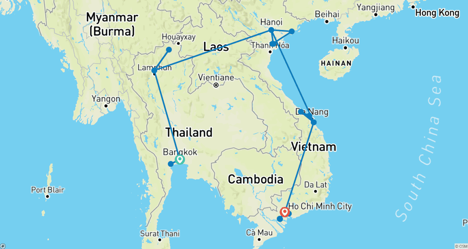 タイとベトナムの笑顔：16日間の旅のルートマップ