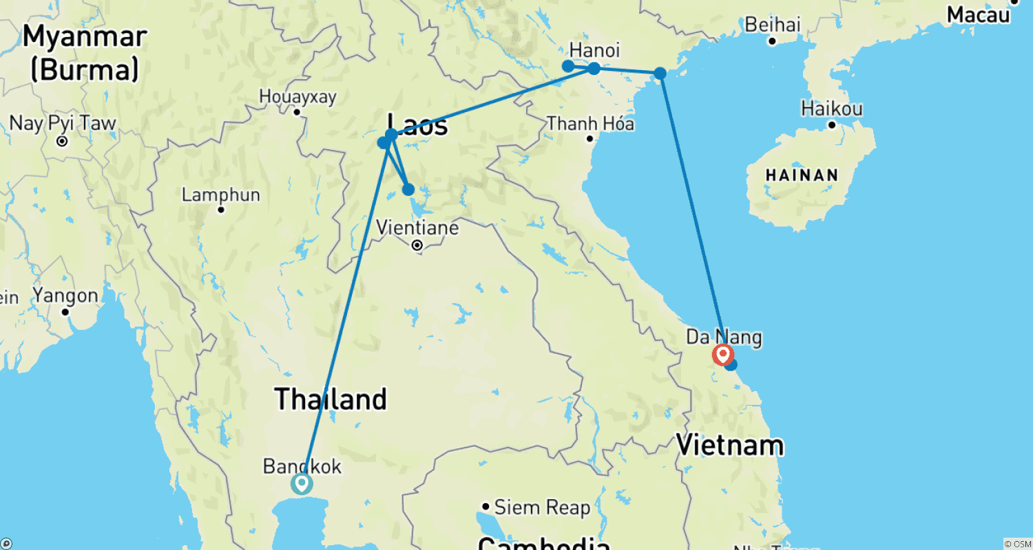 Mapa do percurso de Grande Viagem de 15 Dias pela Tailândia - Laos - Vietnã - Tour Privado