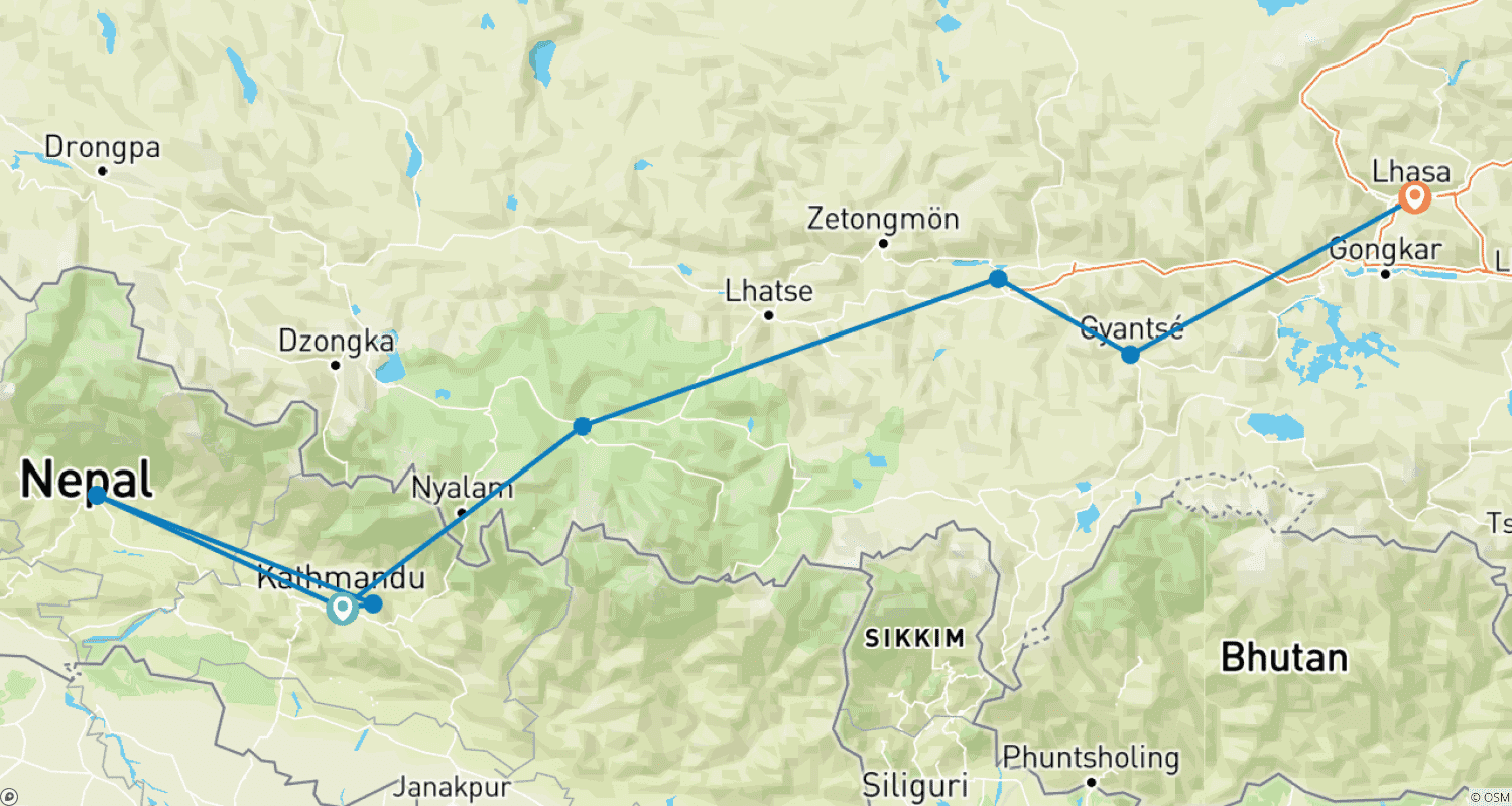 Mapa do percurso de Tour de Herança Cultural e Experiência na Natureza no Nepal e Tibete - 12 Dias