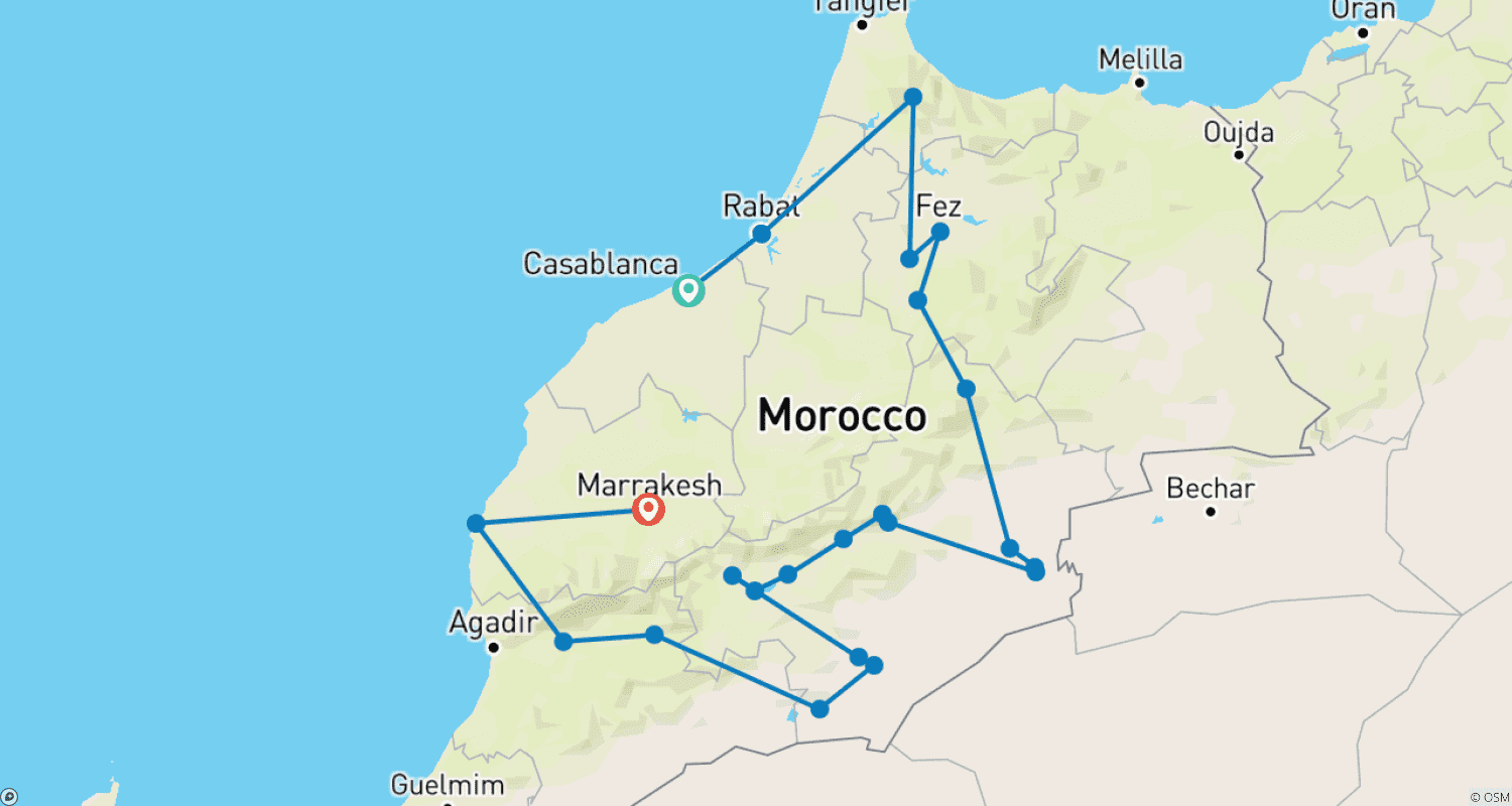 Mapa do percurso de Grande Marrocos VIP de 17 Dias: Casablanca/Património Imperial/Chefchaouen/Deserto