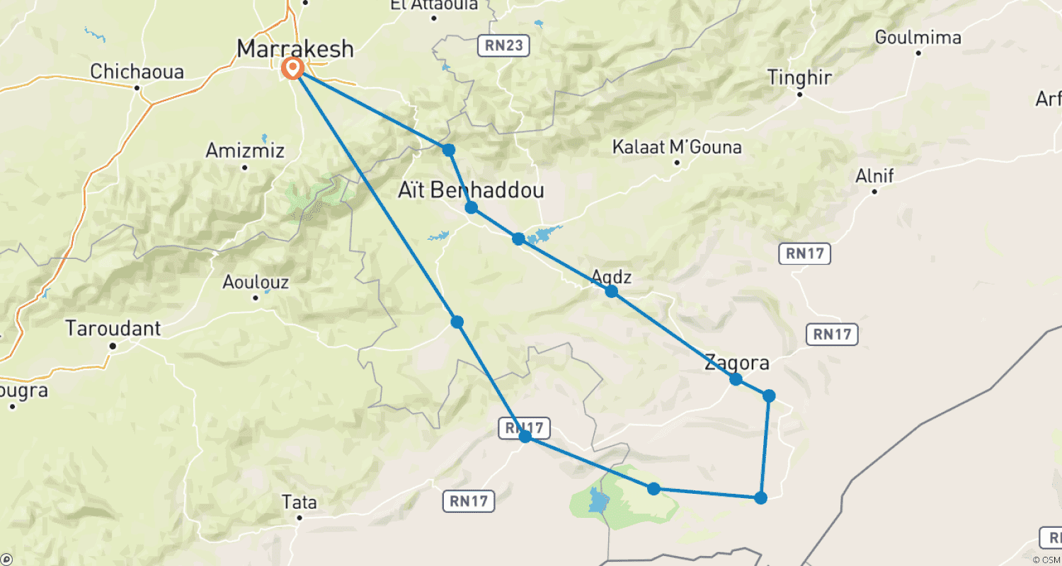 Marrakesh-Sahara Desert 3 Days (the best short trip)のルートマップ