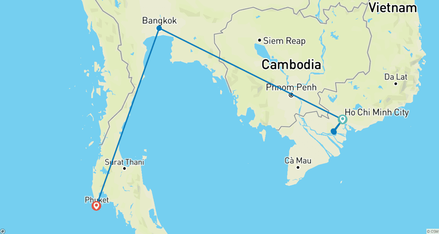 Mapa trasy: Odkryj cuda Wietnamu i Tajlandii w 8 dni