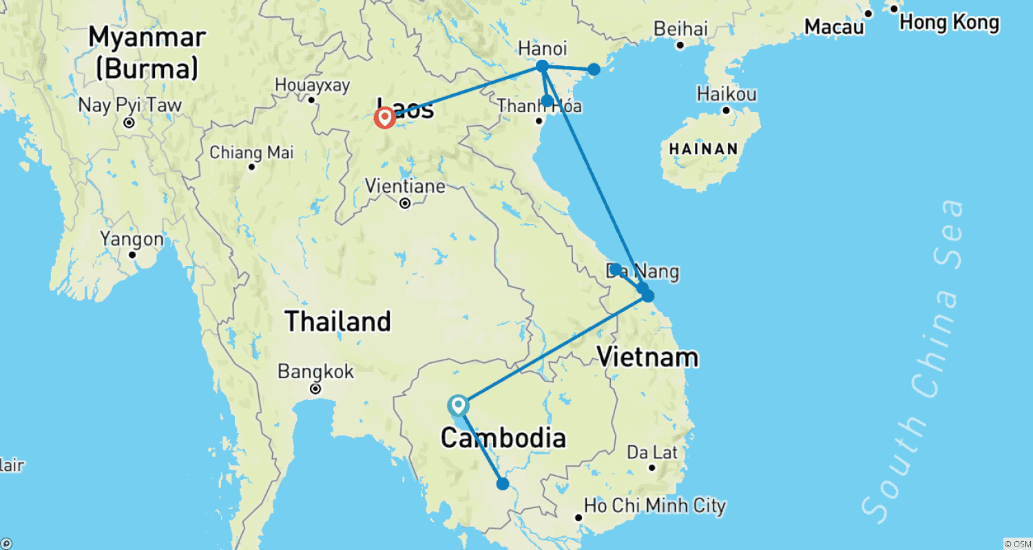 Exploring Indochina: 15 Days in Cambodia, Vietnam, Laosのルートマップ
