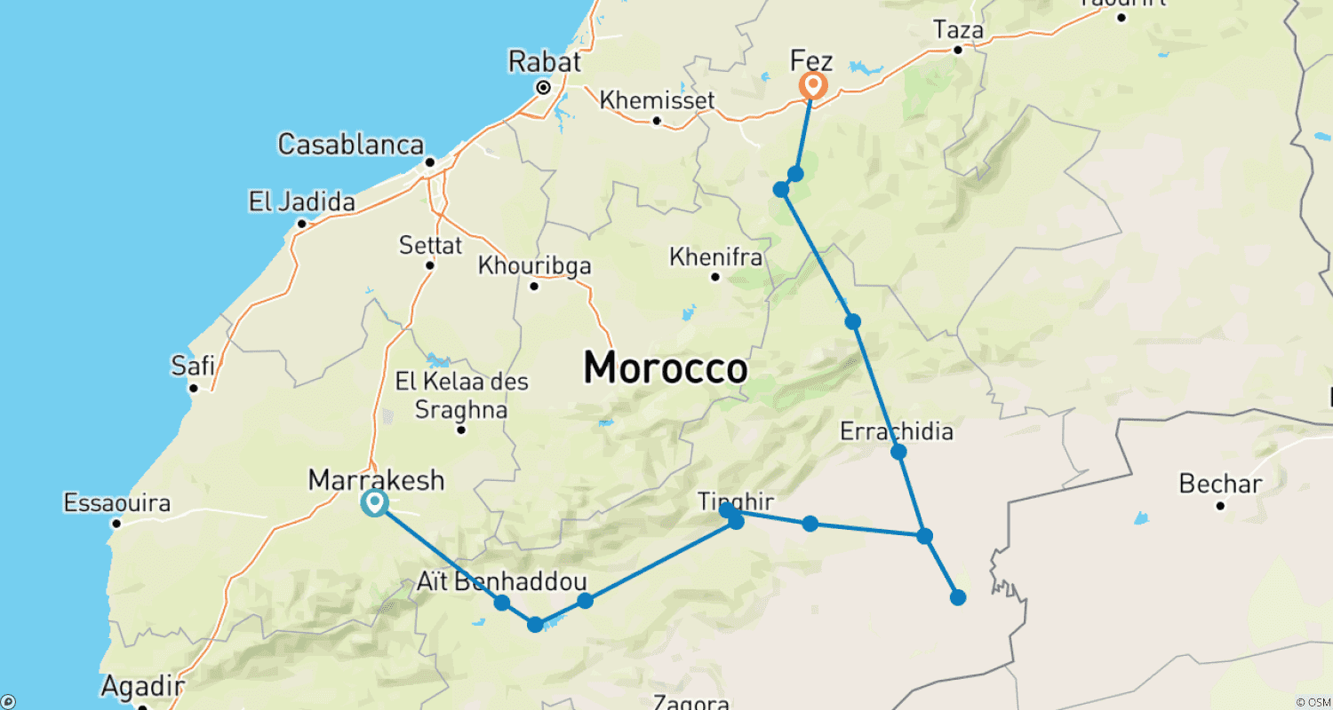 Mapa do percurso de Excursão de 3 dias no deserto de Marrakech a Fes com Camelo e Quadriciclo ATV