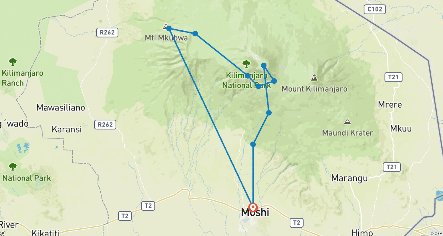 Mapa do percurso de Suba o Monte Kilimanjaro pela Rota Lemosho